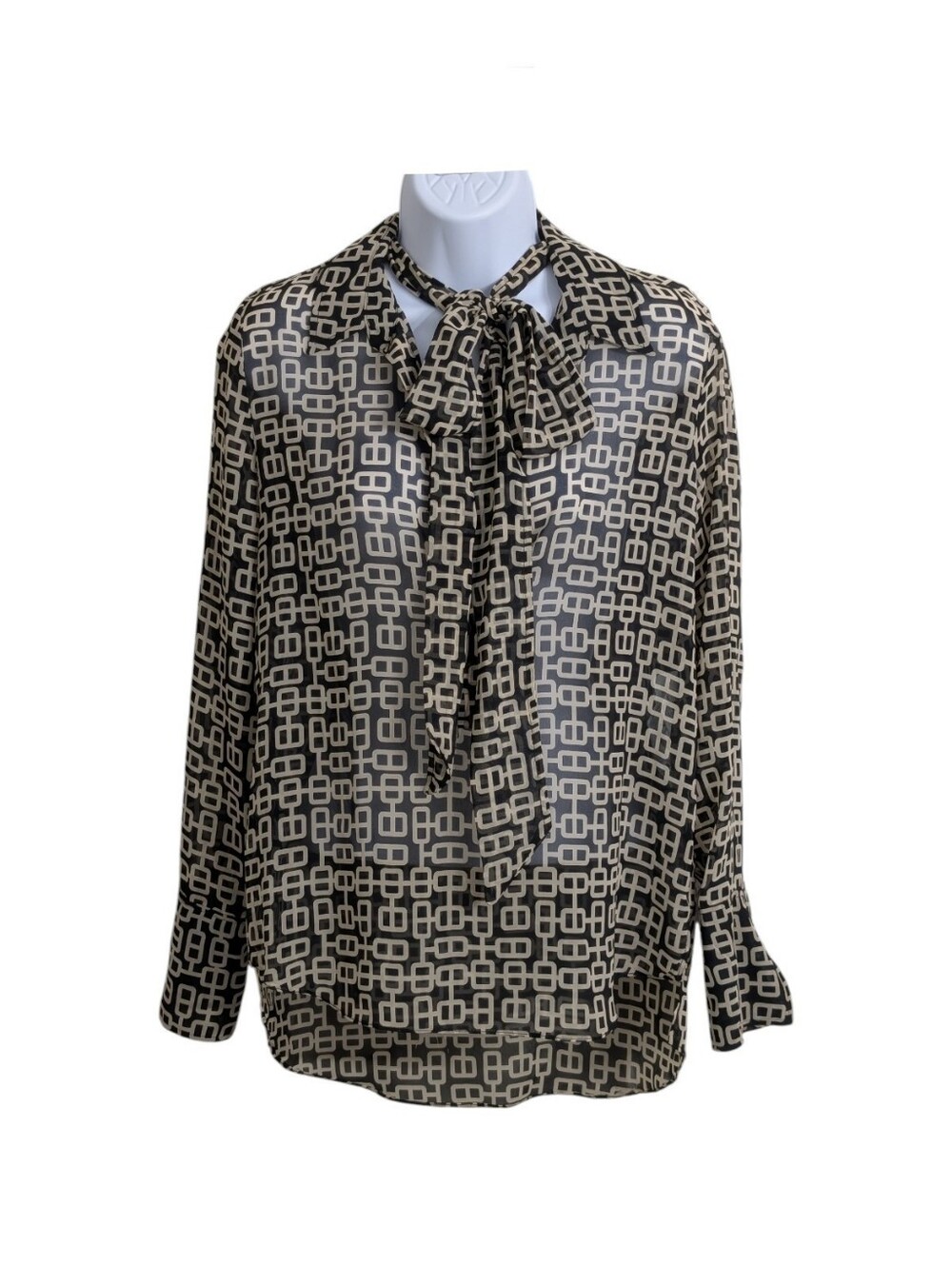 Zara Woman Geo Print Chiffon Tie-Neck Blouse Size XS Semi-Sheer Black Cream Chic